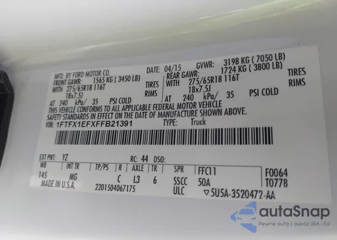 2015 Ford F-150 Xlt from USA, damaged, VIN 1FTFX1EFXFFB21391